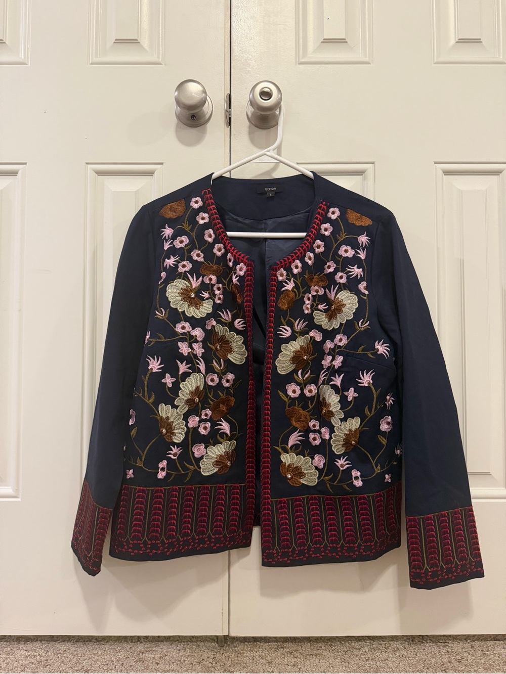 Vintage Floryday Embroidered Navy Floral Jacket with Pink & Brown Detailing